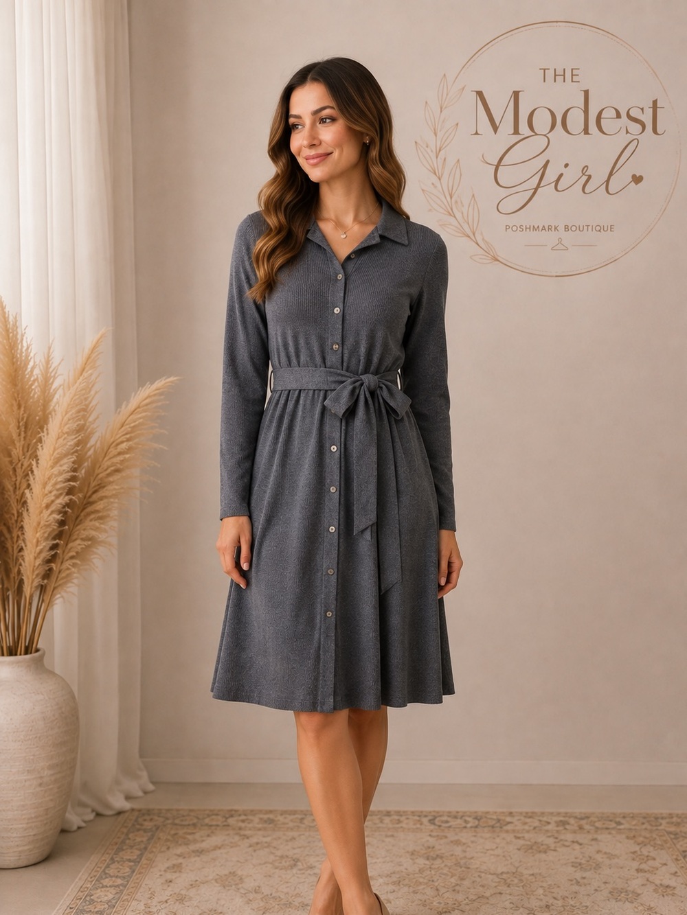 Modest Blue/Gray Long-Sleeve Button Front Tie-Waist Dress
